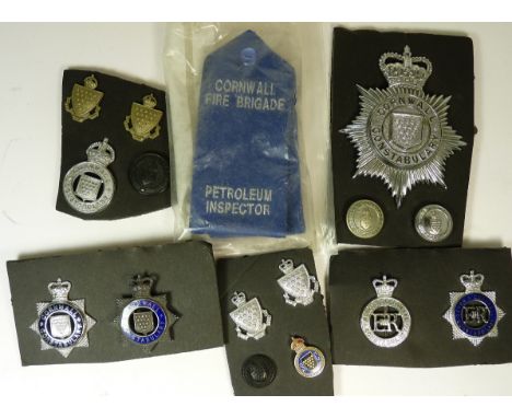 Cornwall Police Badges - includes helmet plate; smaller badges also Devon & Cornwall; Cornwall Fire Brigade epaulettes etc