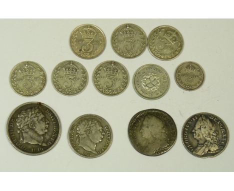 GEORGE II - Sixpence, LIMA, 1746, worn; another, possibly 1757 (damage to rim through date); GEORGE III - Shilling 1816, vf; 