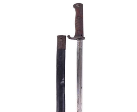 Imperial German Model 1898 Bayonet, with two piece wooden grips, steel pommel and cross guard. Housed in its original leather