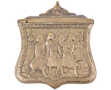 Greek Cartridge Box Palaska, 19th century,  made from pale yellow brass, the front with a relief scene showing Athanasios Dia