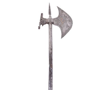All-Steel Qajar Axe, 19th century, crescent head chiselled with flowering foliage and damascened with gold and silver, peen f