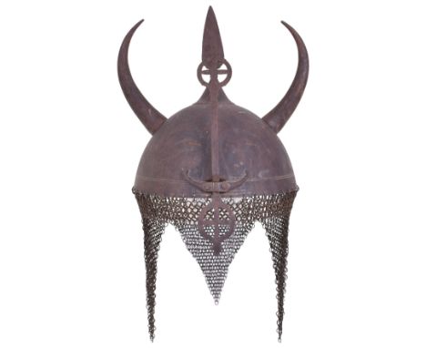 Indian ‘Devil’s Head’ Helmet Kulah Khud, 19th century, iron bowl embossed with a stylised face, and fitted with a pair of hor