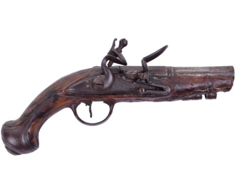 Small Italian Flintlock Travelling Pistol, Late 18th Century, half octagonal swamped barrel engraved with foliage at breech, 