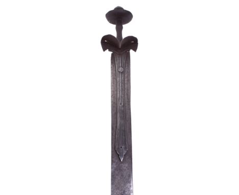 Early Indian Sword Khanda, 17th Century, broad double edge spatulate blade swollen towards the tip, and braced by long ribbed