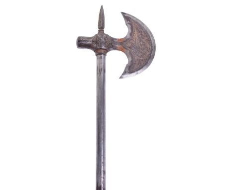 Indian All-Steel Axe, crescent head decorated with silver koftgari flowering foliage, cylindrical peen, steel shaft.  Head 5”