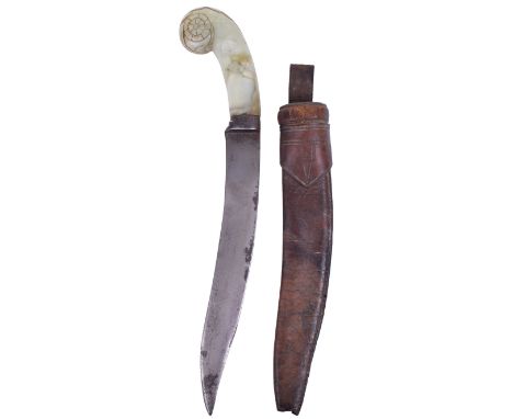 Unusual Indian Dagger Khanjar, 18th Century, broad recurved single edge wootz blade, one piece pale green mutton fat jade hil