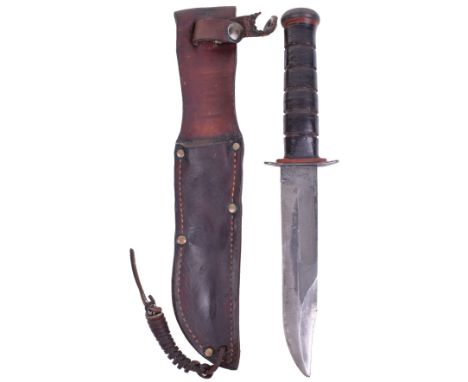 WW2 US Navy KBAR Knife, ribbed leather grip with steel top pommel and cross guard, clipped single edged blade stamped RH 37 P