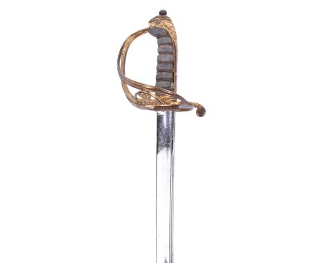 Victorian 1845 Pattern Infantry Officers Sword, gilt brass guard with crowned VR cipher to the centre, gilt brass pommel and 