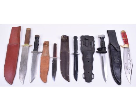 Six Modern Tactical & Hunting Knives, including Israel combat knife in scabbard, modern Bowie knife with two piece stag horn 