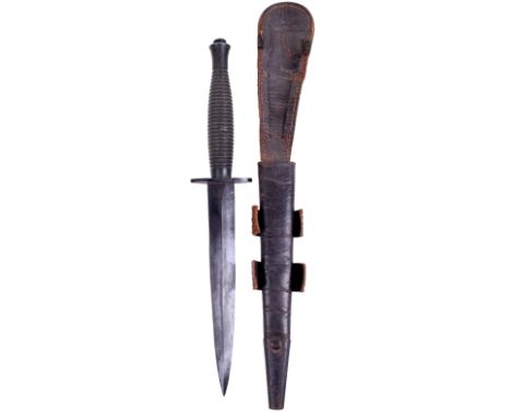 3rd Pattern Fairbairn Sykes Commando Knife, good example with one piece blackened ribbed handle, oval cross guard stamped wit