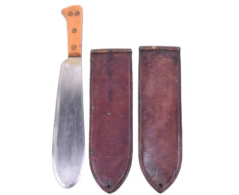 WW2 USMC Hospital Bolo Knife, two piece wooden slab grips secured by four brass studs, machete style blade stamped “USMC BRID