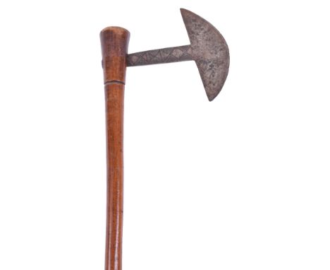19th Century African Tribal Axe, of steel axe head with geometric decoration. Wooden shaft which remains in good condition. 