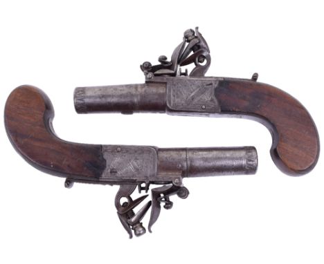Pair of Boxlock Flintlock Pocket Pistols by SMITH, LONDON, turn off barrel with frond tip engraved muzzles, deeply stamped FD