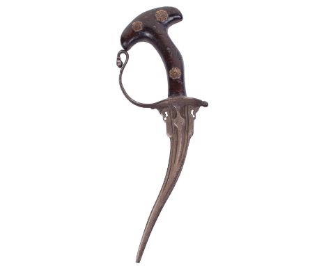 17th/18th Century Indian Dagger Khanjarli, slender recurved blade cut with fullers and shaped rib, pierced with a pair of sty