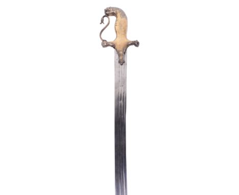 Indian Sword, Probably Mysore Late 18th or Early 19th Century, single edge blade cut with 3 narrow fullers, silver gilt hilt 