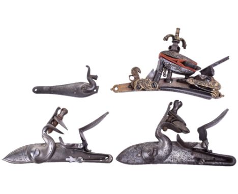 Original Detached Regulation Flintlock Musket Lock 17.5cms, signed GRICE 1761 (plate well worn); a reproduction ditto cast wi