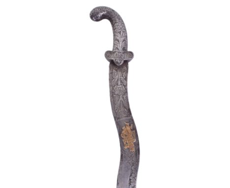 Indian Sword Late 19th Century, wavy single edge blade chiselled with a woman, flowering foliage, and inlaid with a brass div