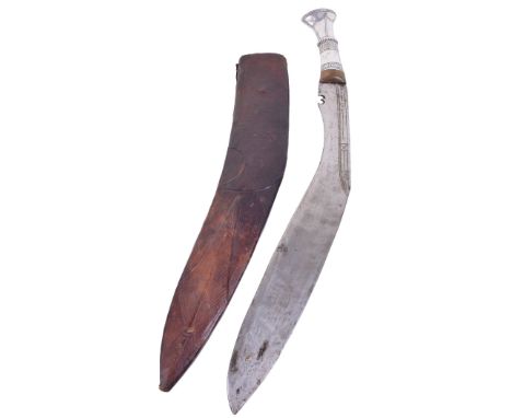 Very Large Gurkha Kukri, with aluminium handle having engraved detail. Curved kukri blade measuring 54 ½cms in length. Housed