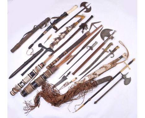 Collective Lot Comprising; Six Assorted African Leather Quivers Containing Arrows; decorative African sword and another; 2 Af