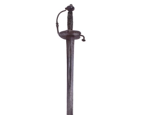 Mid-17th Century Cavalry Trooper’s Walloon Sword, straight double edge blade deeply stamped with the running wolf and commemo