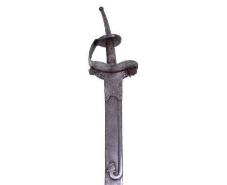 Indian Sword Khanda, 18th Century, broad double edge spatulate blade swollen towards the tip and braced at the forte with a s