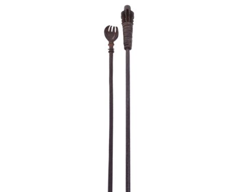 Slender Indian All Iron Mace, small head comprising 8 shaped vanes with iron windings beneath, octagonal haft; and a small In