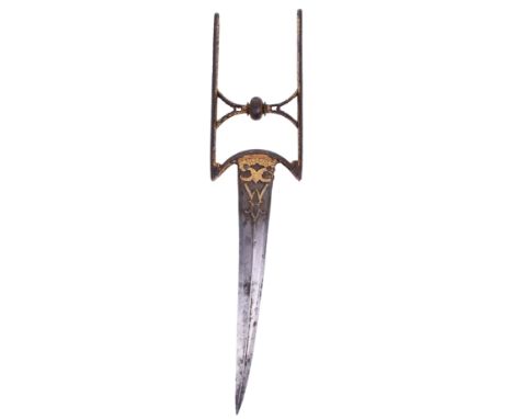 Indian Dagger Katar, 18th or 19th Century, curved double edge blade chiselled with a narrow central ridge and thickened towar