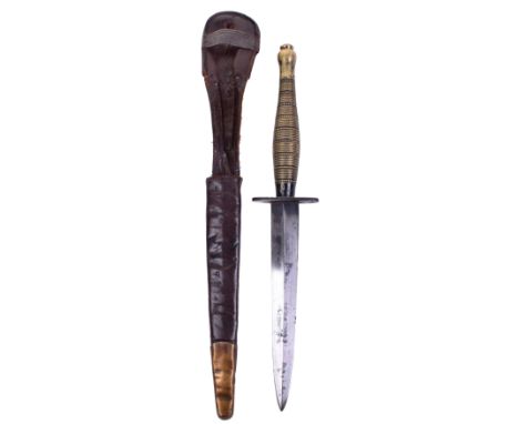 WW2 Fairbairn Sykes 2nd Pattern Ring and Beaded Commando Knife, blackened brass handle with ring and bead grip section, stamp