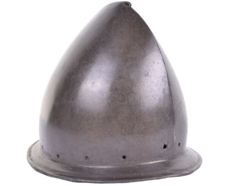 Late 16th Century Heavy Italian Helmet Cabaset, raised from a single plate, tall peak with ‘pear stalk’ finial, distinct medi