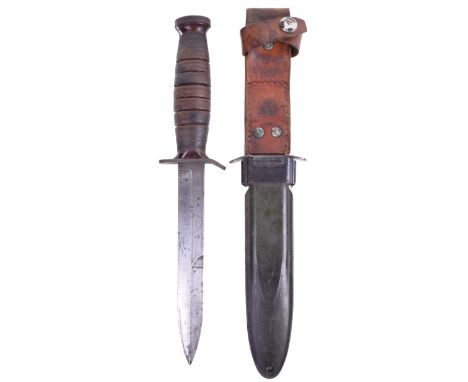 WW2 American M3 Fighting Knife, with wrapped leather grip and steel top, cross guard with down swept end, stamped underneath 