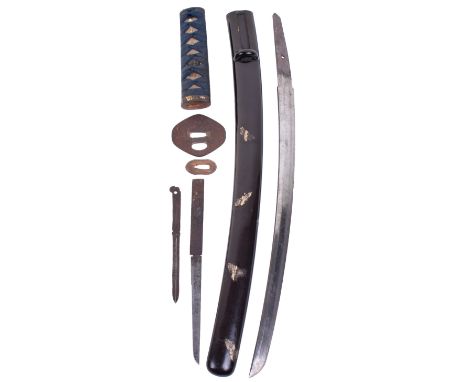 Japanese Short Sword Wakizashi, slender blade 36.5cms signed Omi no Kami Minamoto Hisamichi and incised with a chrysanthemum 