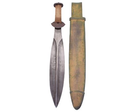 WW1 Welsh Machine Gunners Fighting Knife, rope bound grip with steel top pommel and Z shaped movable steel guard. Double edge