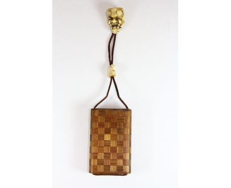 A lovely and unusual inro of bamboo with drawers, an bone ojima and ivory mask netsuke