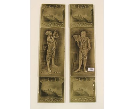 A set of 6 interesting 19th century ceramic tiles Sherins Patent Lockback Tiles, Model M487, 15cm x 30cm & 15cm x 15cm
