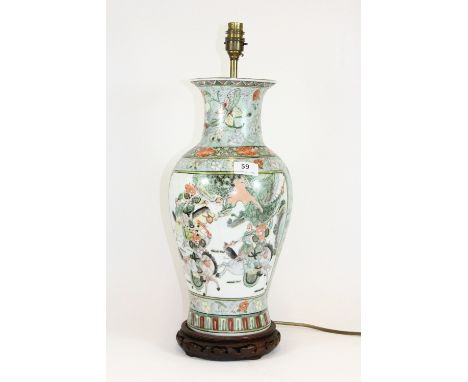 A Chinese hand enamelled porcelain vase mounted as a lamp base on a wooden stand, H 44cm