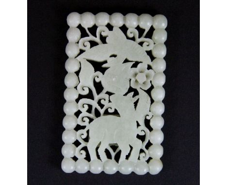 An early 20thC Chinese carved pale celadon jade double sided panel, 5cm x 8cm x 0.4cm