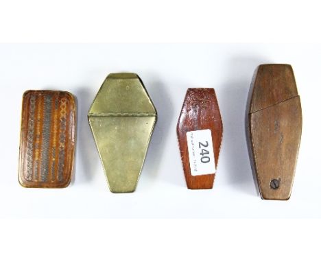 3 x 19th century coffin shaped wood and brass boxes and an early snuff box