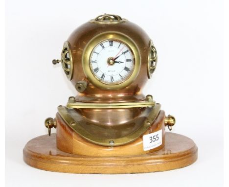 An unusual copper and brass divers helmet clock, H 22cm