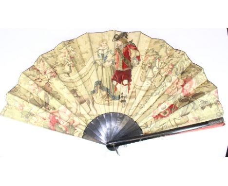 A 19th century French embroidered wood and cotton fan, L 41cm