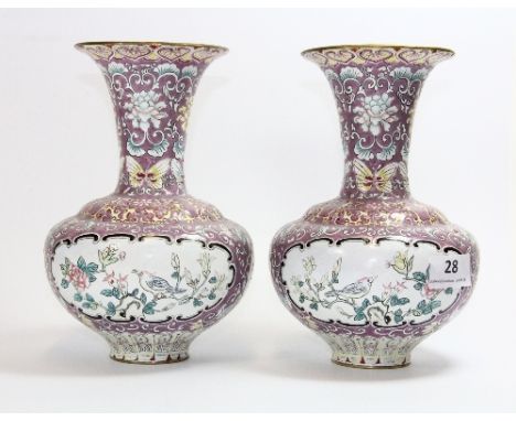 A pair of mid 20th century Canton enamel on brass vases, H 21cm