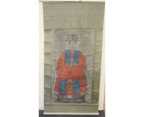 A Chinese hand painted large scroll of an Empress, L 205cm W 102cm