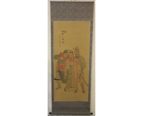 A large Chinese hand painted scroll, W 67cm L 187cm