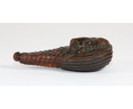 An unusual carved horn snuff bottle depicting a puppy in a bamboo ladle, L 6.8cm