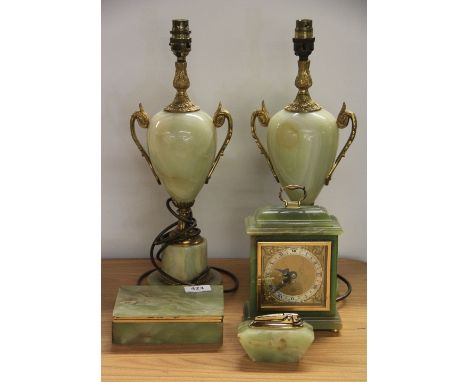 An Elliott onyx mantle clock, cigarette box, lighter and 2 lamp bases