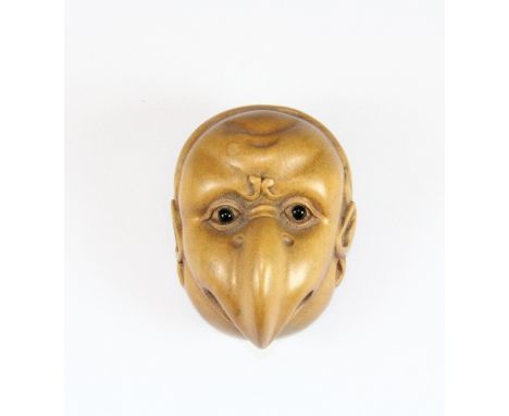 A signed reversible head fruitwood hand mask/netsuke with black onyx eyes, H 4.5cm
