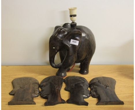 An African carved hardwood table lamp base (H 32cm) and 4 African carved wood heads