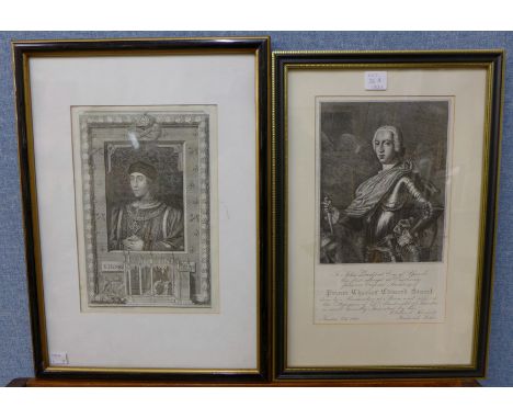 Two engravings, K. Henry VI and Prince Charles Edward Stuart by Frederick Lake, etc. (6)