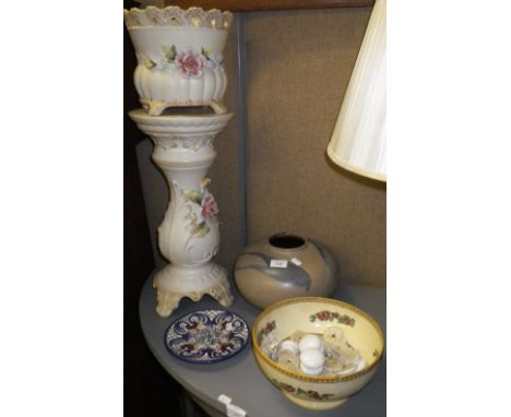 A West German squat vase, an Italian jardiniere on stand, similar ceramics and a quantity of white ceramic knobs