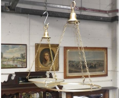 A 1920's brass framed hanging opalescent glass light bowl and a matching hanging frame