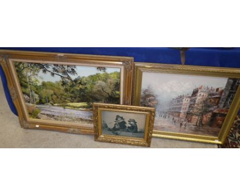 An oil on canvas view of a Parisian street, an oil on canvas landscape and print all in gilt frames